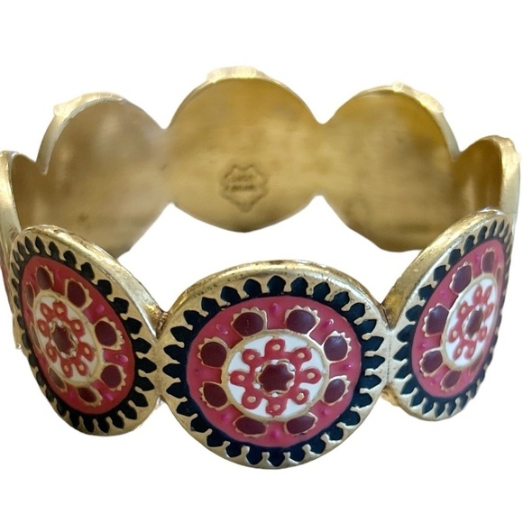 Lucky Brand Suzani Coral Red Enamel Mandala Boho Scalloped Wide Bangle Bracelet - Picture 1 of 5